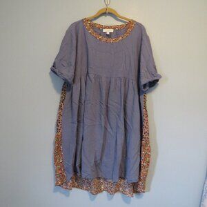 Umgee Light Blue Linen Blend Mixed Media Floral Animal Print Tunic Dress Sz 1XL